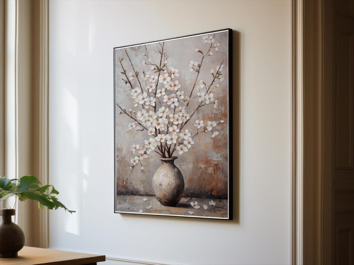 Floral Painting Wall Art Vintage Floral Painting Cherry Blossom Wall Art Classic Still Life Elegant Flowers Art Textured Painting - Image 2