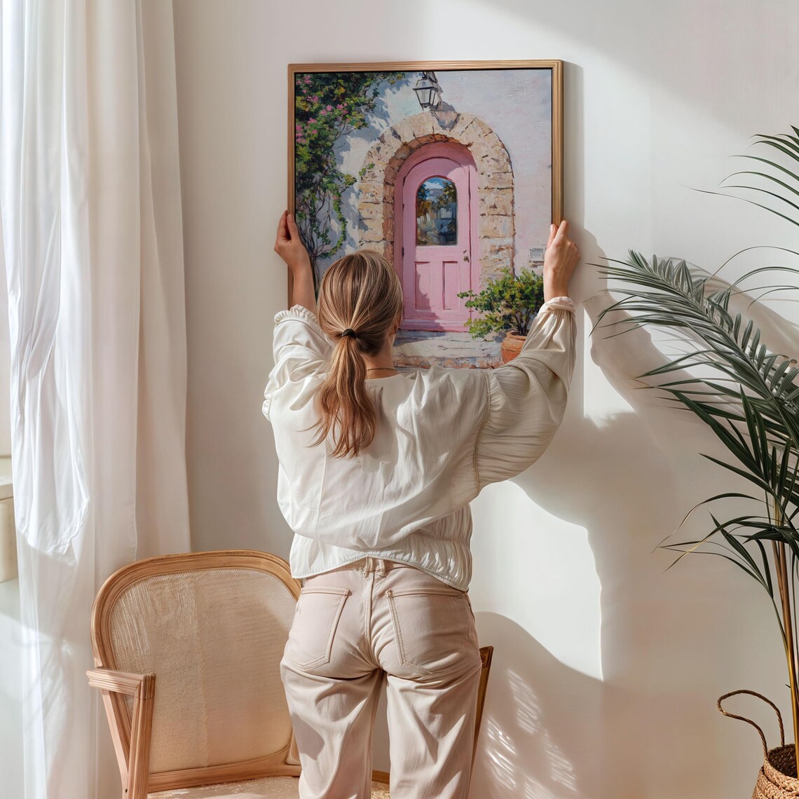 Pink Door Painting Greek Architecture Art Lush Greenery Art Stone Archway Wall Decor Travel Poster Style Art European Street Scene - Image 5