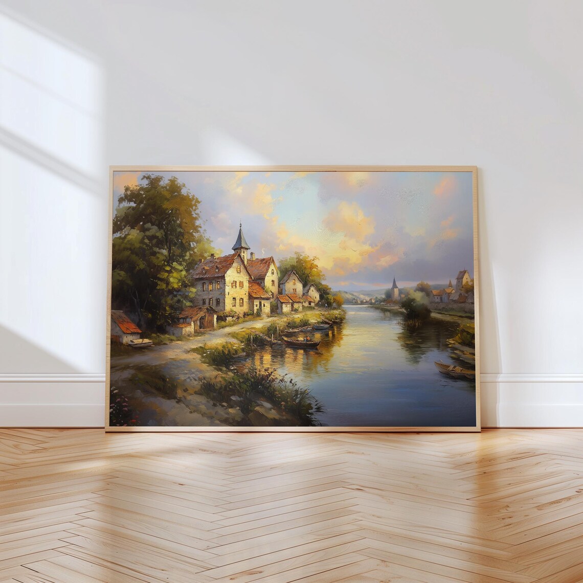 European Riverside Village at Golden Sunset Oil Painting Poster - Image 2