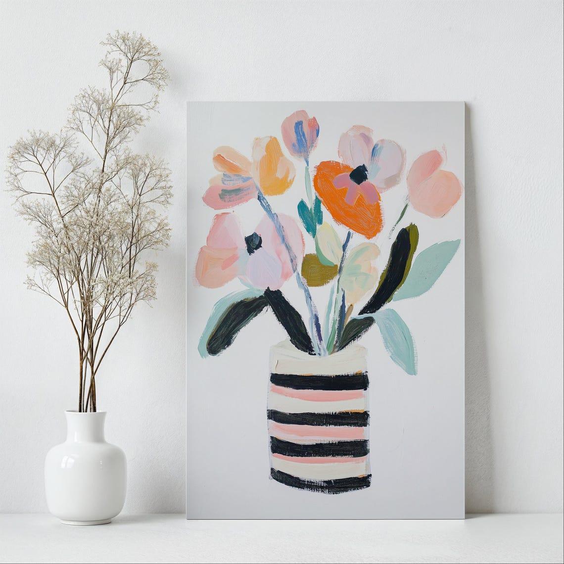 Airy Pastel Wildflowers in Striped Vase Modern Floral Wall Art - Image 3