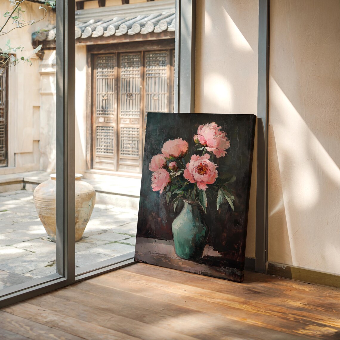 Moody Blush Pink Peonies in Teal Vase Dark Floral Oil Wall Art - Image 3