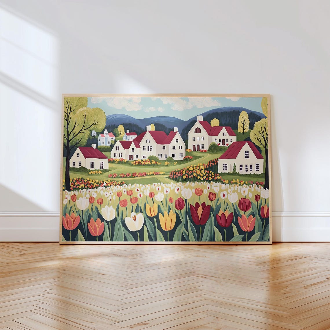 Charming Red-Roofed Village Above a Tulip Field Landscape Poster - Image 2