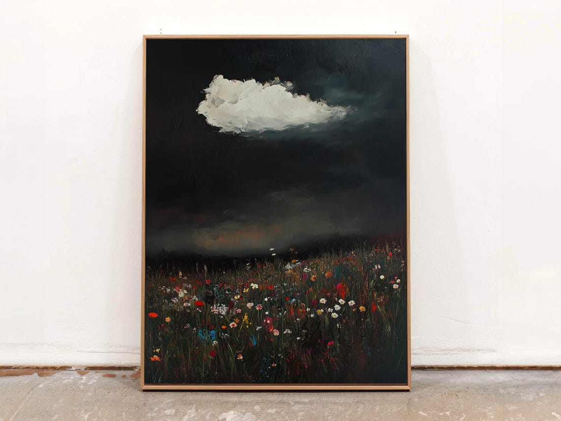 Lone White Cloud Drifting Over a Dark Wildflower Field Poster - Image 3
