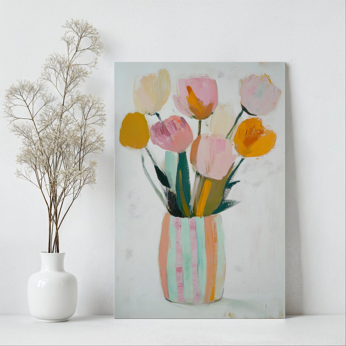 Modern Pastel Tulips Floral Painting in Striped Vase Wall Art - Image 4
