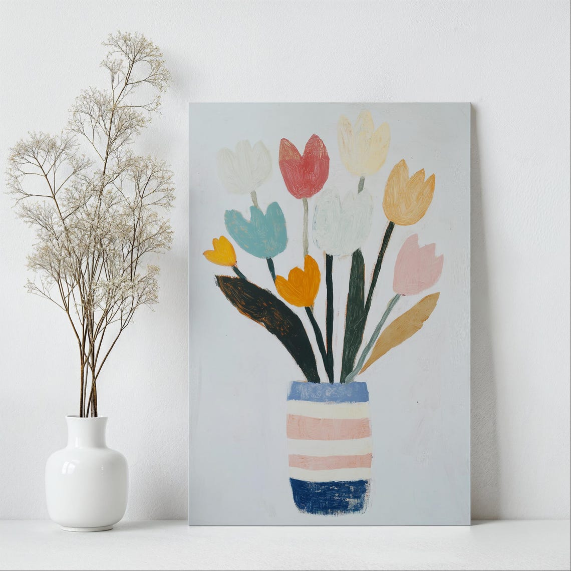 Colorful Tulips in Striped Vase Modern Floral Painting Wall Art - Image 2