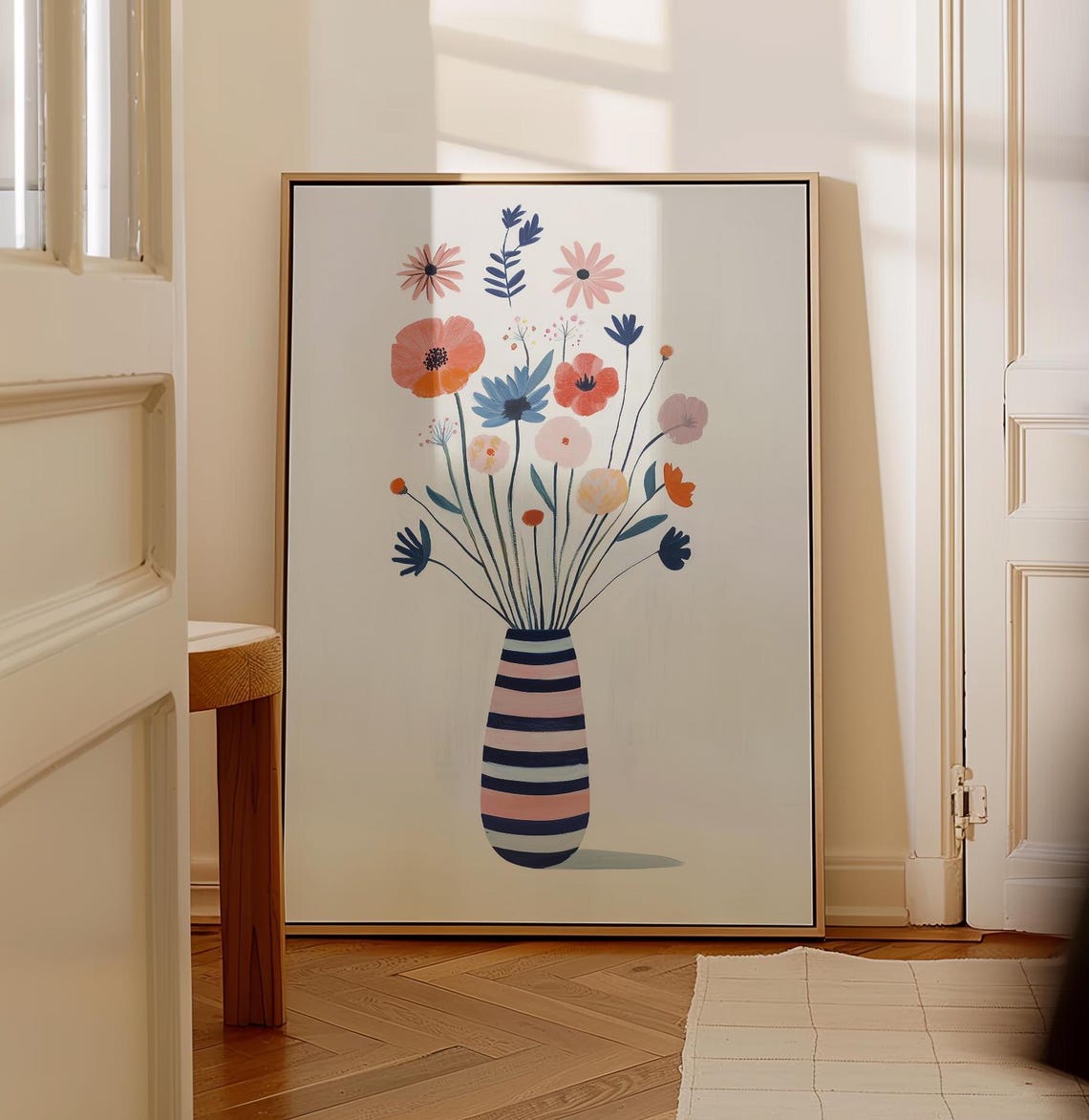 Tall Playful Wildflowers in Striped Vase Minimalist Floral Wall Art - Image 5