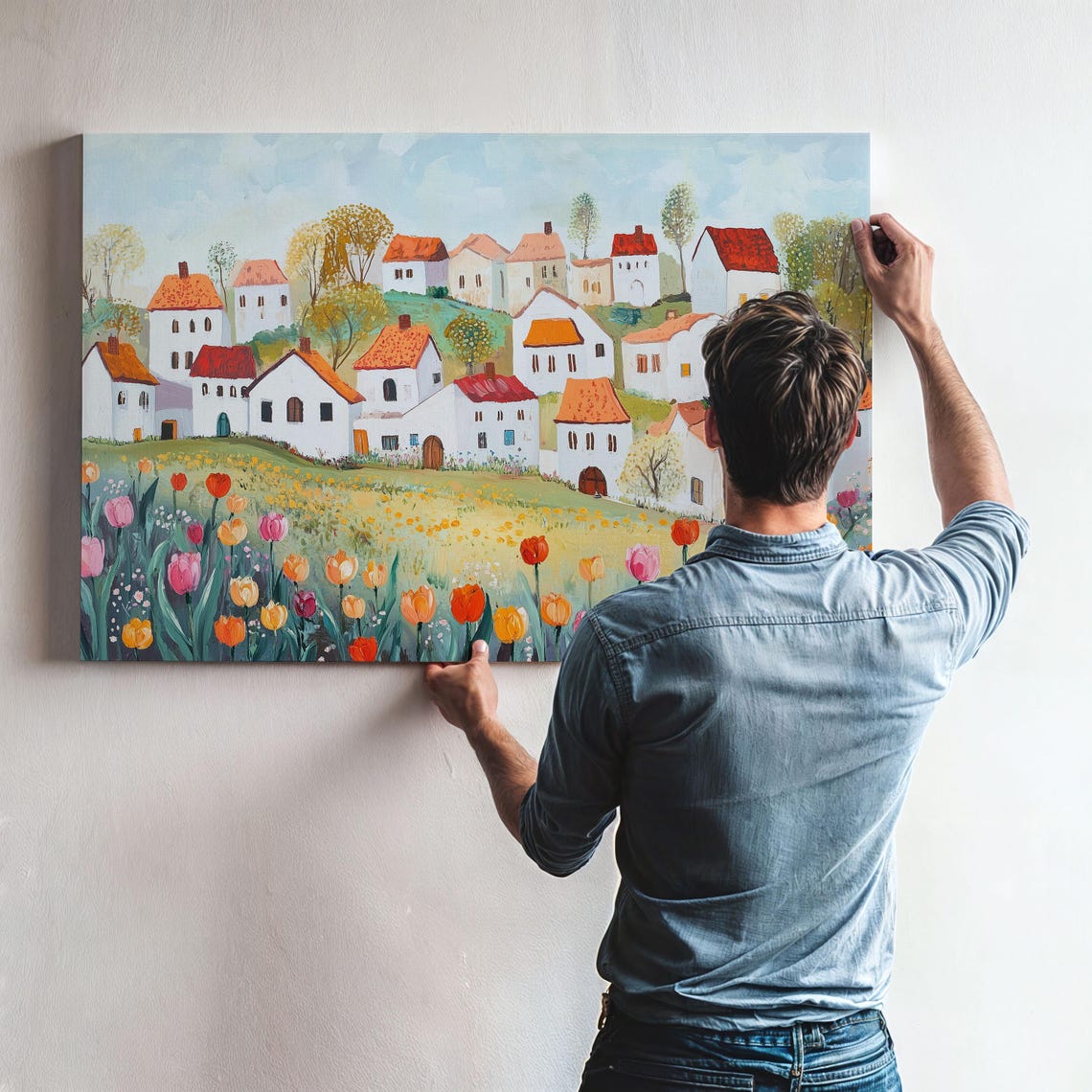 Quaint Hillside Village Above a Tulip Meadow Landscape Poster - Image 3