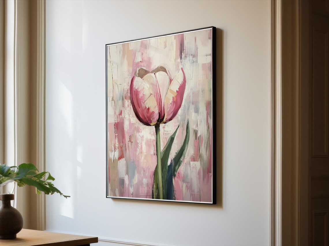 Single Pink Tulip Against a Soft Abstract Floral Background Poster - Image 2