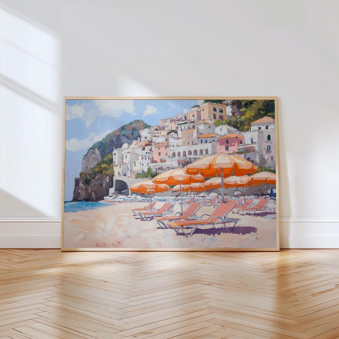 Seaside Town Beach Poster with Orange Umbrellas Lounge Chairs Art - Image 3