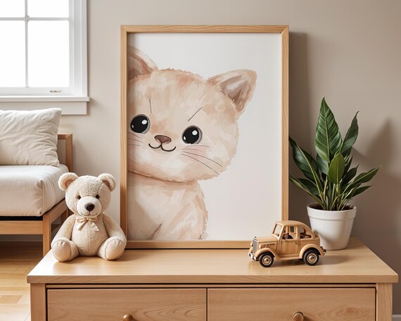 Adorable Cute Watercolor Kitten Nursery Wall Art Big Eyes Baby Cat