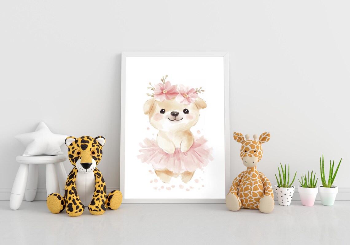 Happy Smiling Puppy Ballerina in Pink Tutu Nursery Art Poster - Image 3