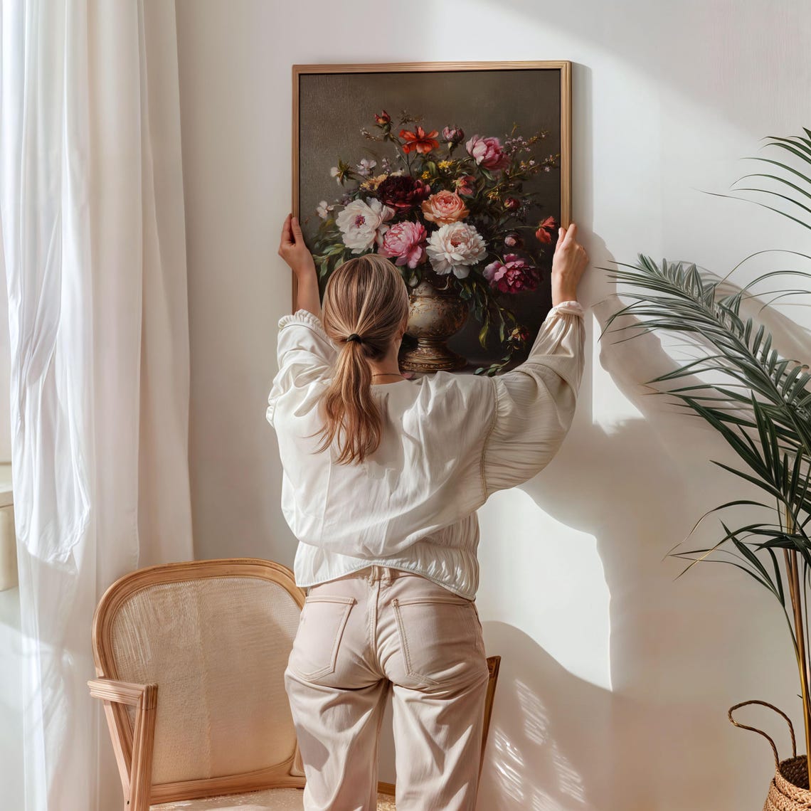 Classic Mixed Peony Bouquet Still Life Dark Vintage Wall Art - Image 5