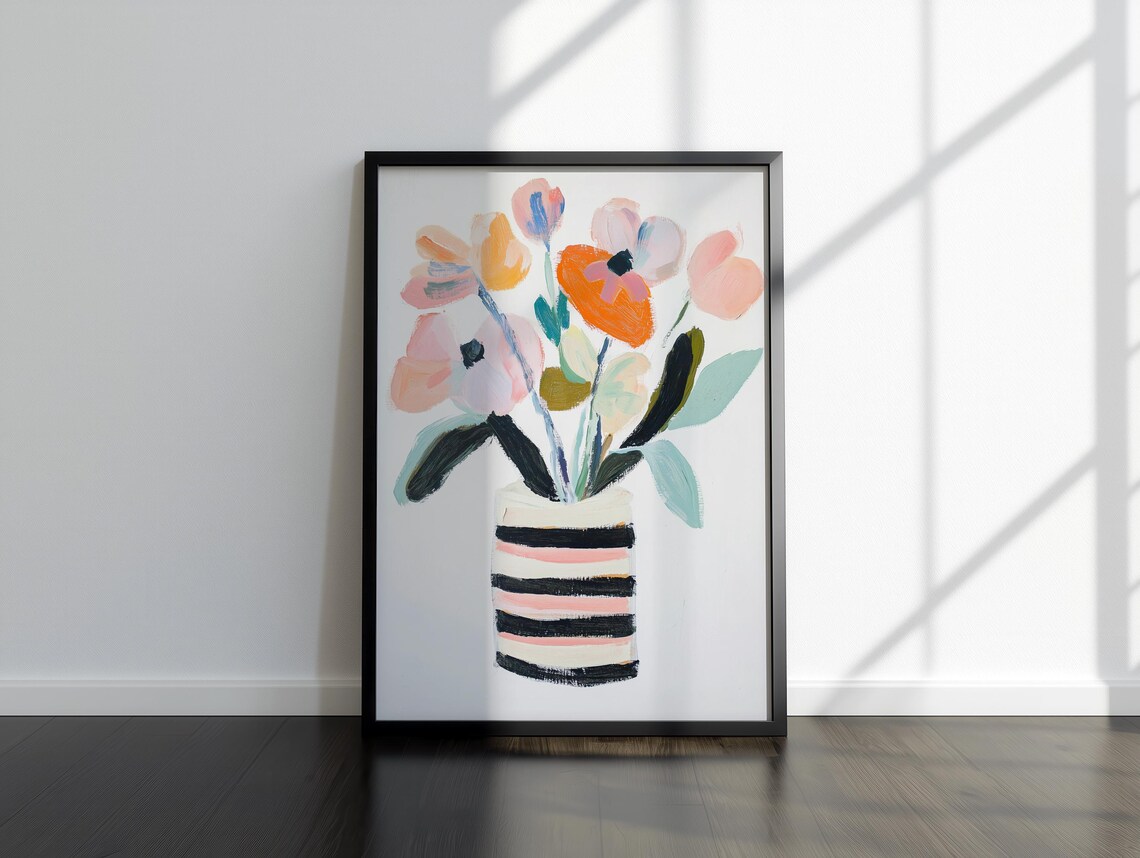 Airy Pastel Wildflowers in Striped Vase Modern Floral Wall Art