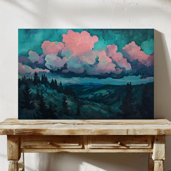 Cloudscape Painting Wall Art Sunset Painting Dramatic Sky Wall Decor Forest Scenery Art Fantasy Landscape Art Moody Wall Art