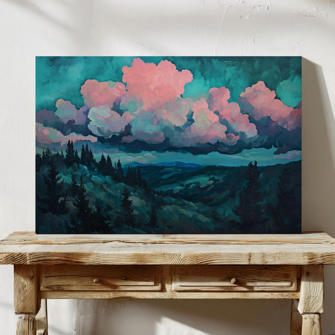 Pink Clouds Over a Teal Pine Forest Valley at Dusk Art Poster