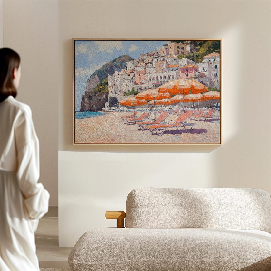 Seaside Town Beach Poster with Orange Umbrellas Lounge Chairs Art - Image 4