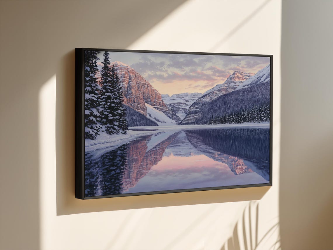 Winter Mountain Lake Mirror Reflection at Soft Pink Dusk Poster - Image 4