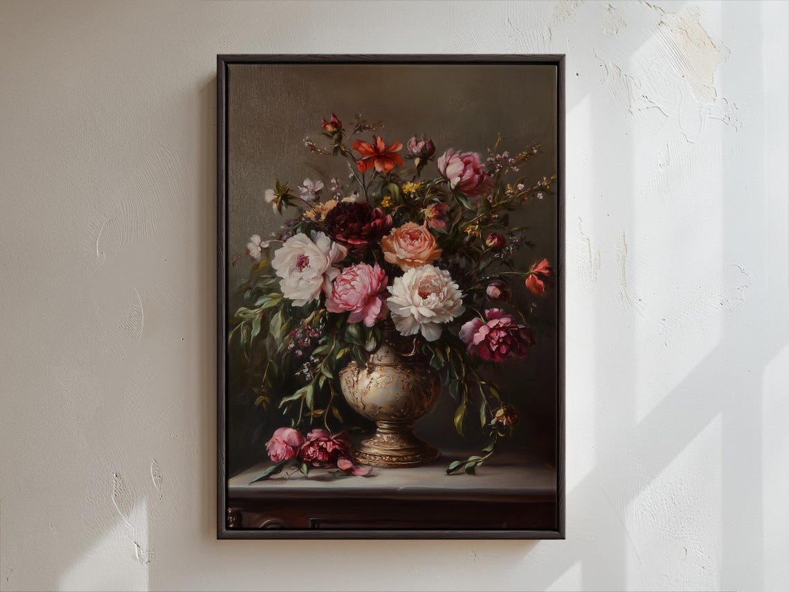 Classic Mixed Peony Bouquet Still Life Dark Vintage Wall Art