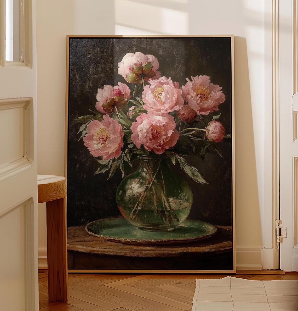 Pink Peonies in Glass Vase, Vintage Floral Print