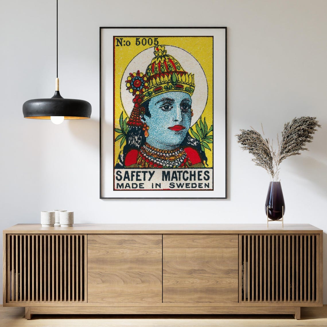 Blue Hindu Deity Crown Vintage Swedish Matchbox Label Poster - Image 4
