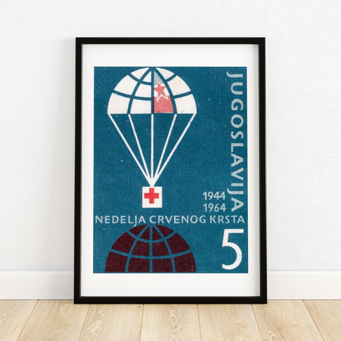 Yugoslavia Red Cross Week Parachute Vintage Postage Stamp Art Poster