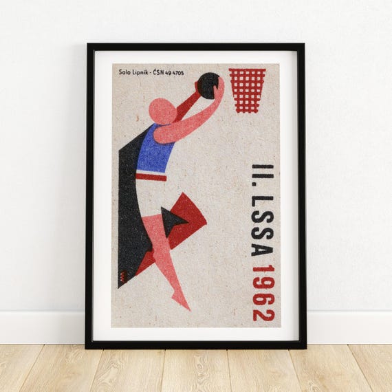 Basketball Player Shooting Matchbox Print, Vintage Czech