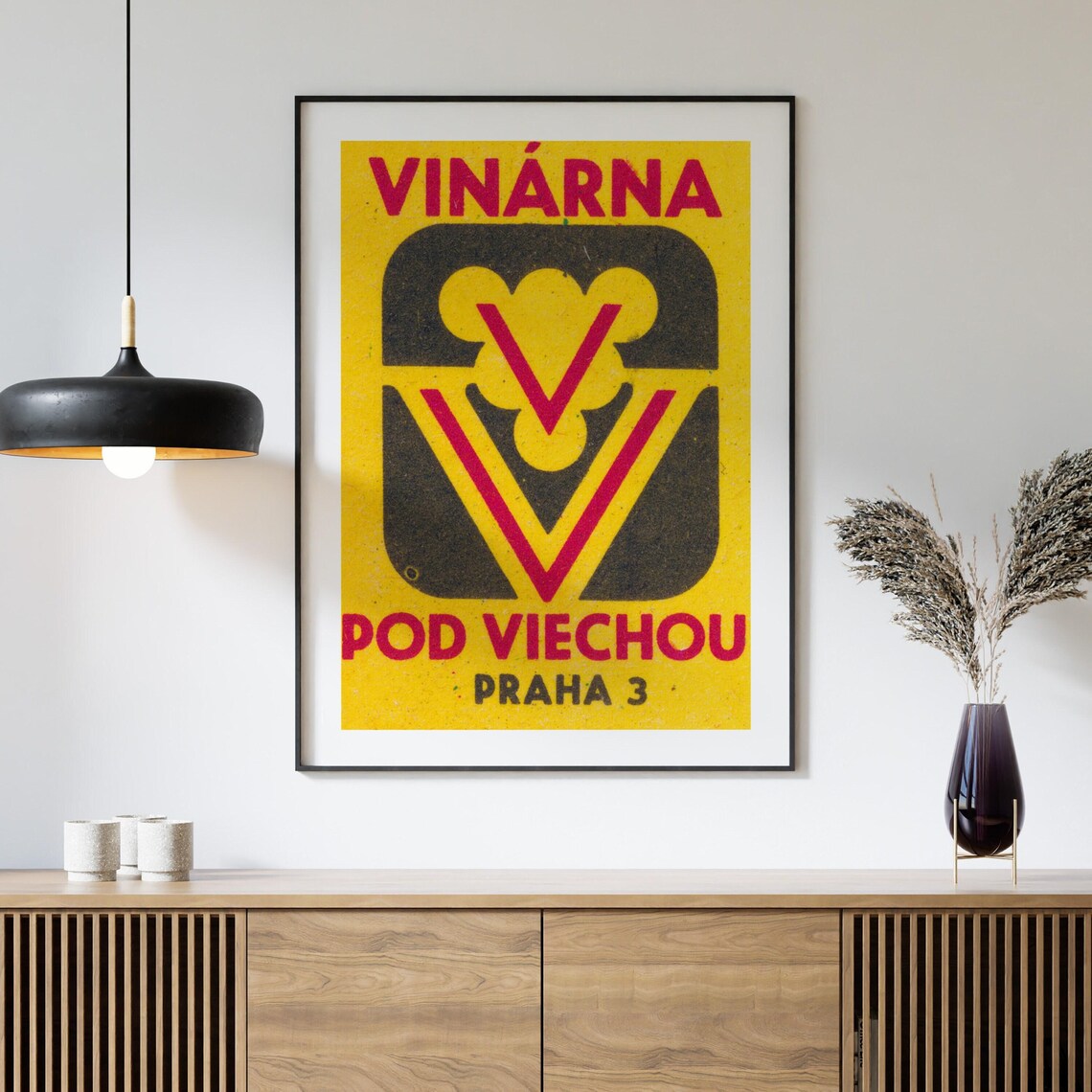 Prague Vinarna Pod Viechou Wine Bar Yellow V Matchbox Label Art Poster - Image 4