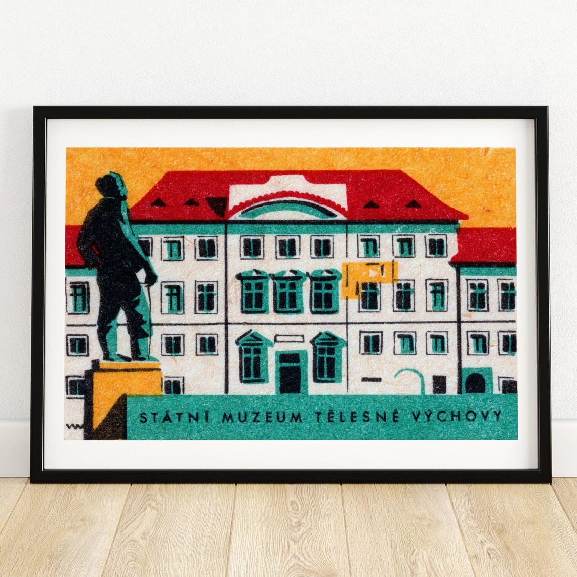 Statni Muzeum Telesne Vychovy Building Statue Matchbox Label Poster