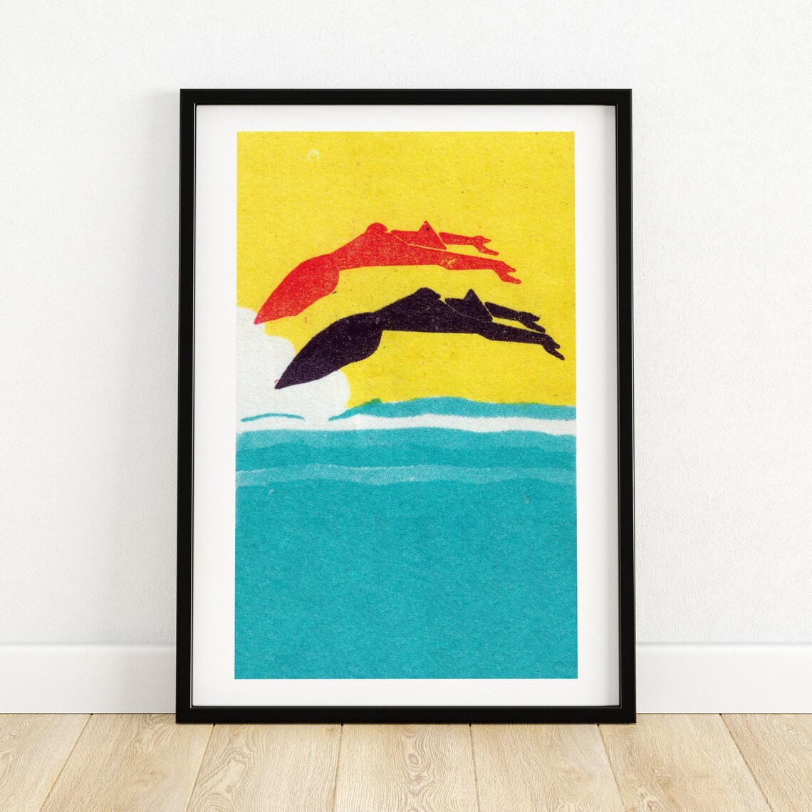 Two Divers Diving Silhouettes Teal Sea Vintage Matchbox Poster