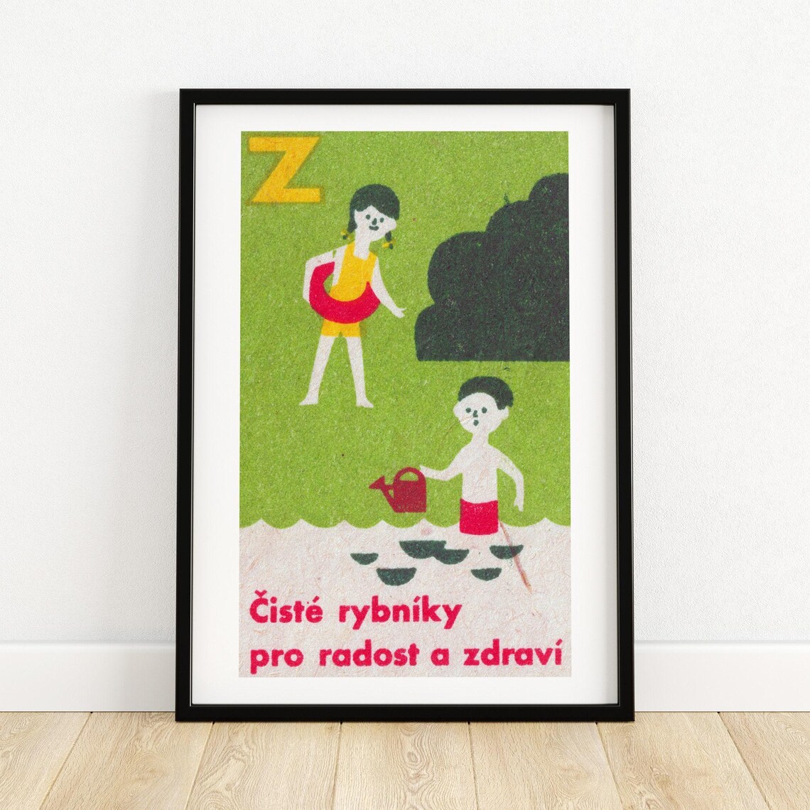 Clean Ponds Happy Children Swimming Vintage Czech Education Poster
