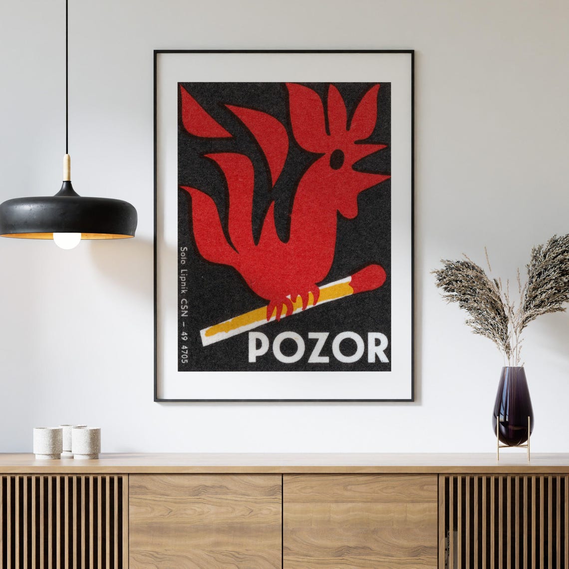 Red Rooster on Match Vintage Czech Pozor Caution Matchbox Art Poster - Image 4