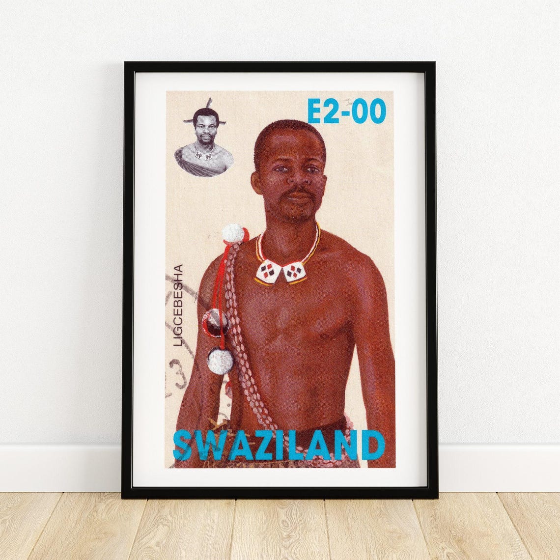 Swaziland Ligcebesha Beaded Man Vintage African Stamp Poster