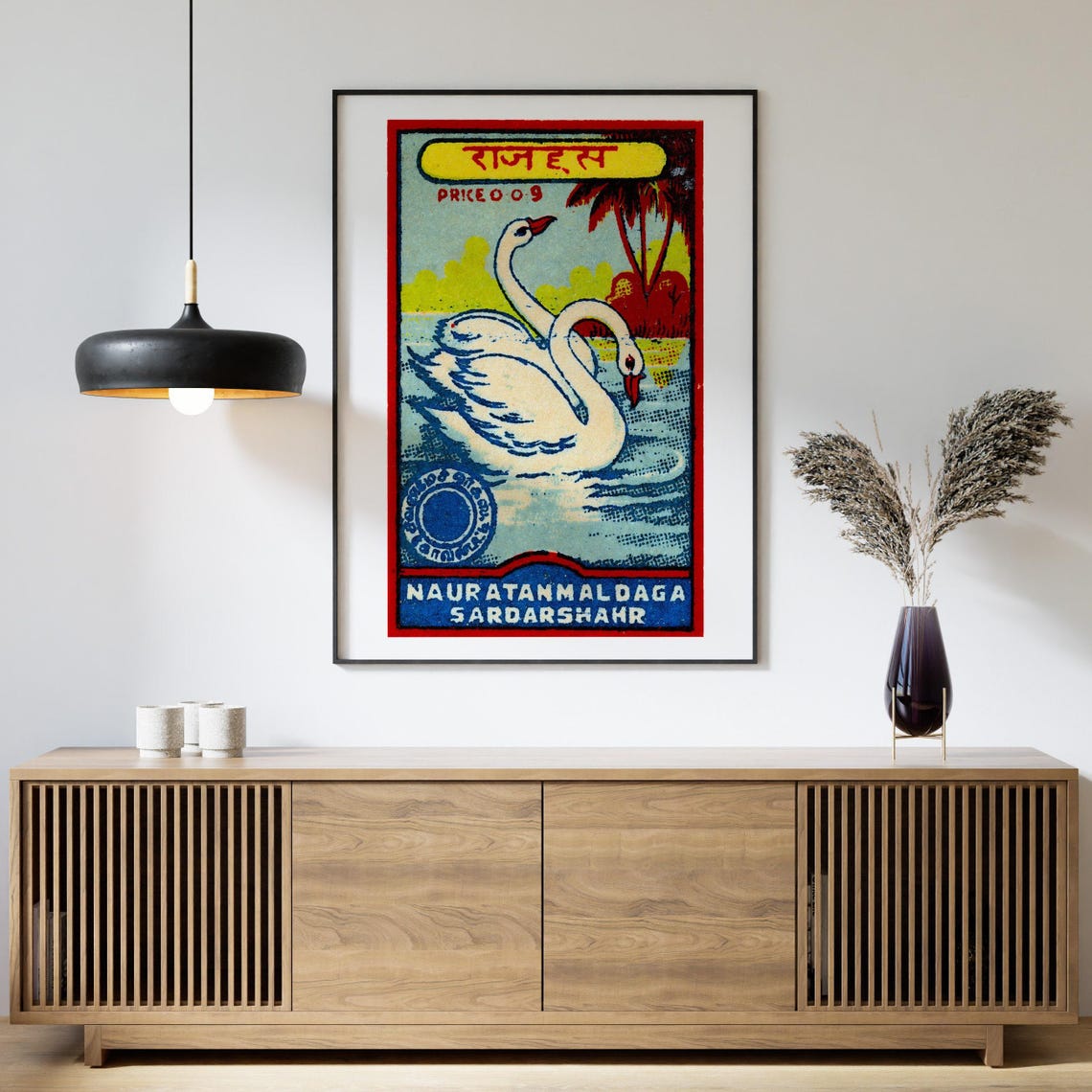 Two White Swans Indian Matchbox Label Rajhans Vintage Poster - Image 4