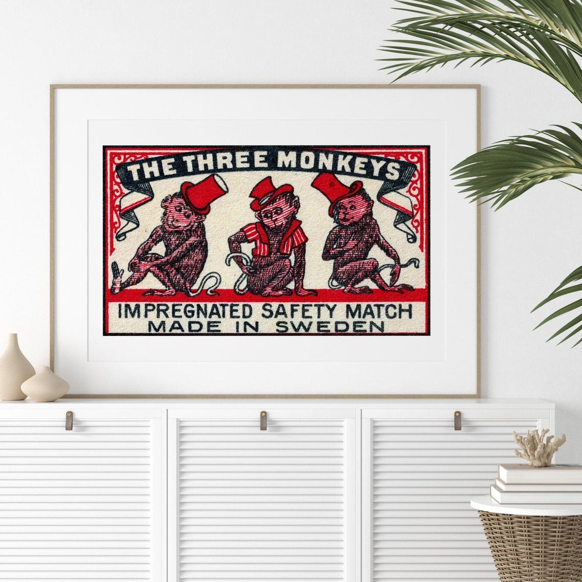 The Three Monkeys Top Hats Vintage Swedish Matchbox Label Art Poster - Image 2