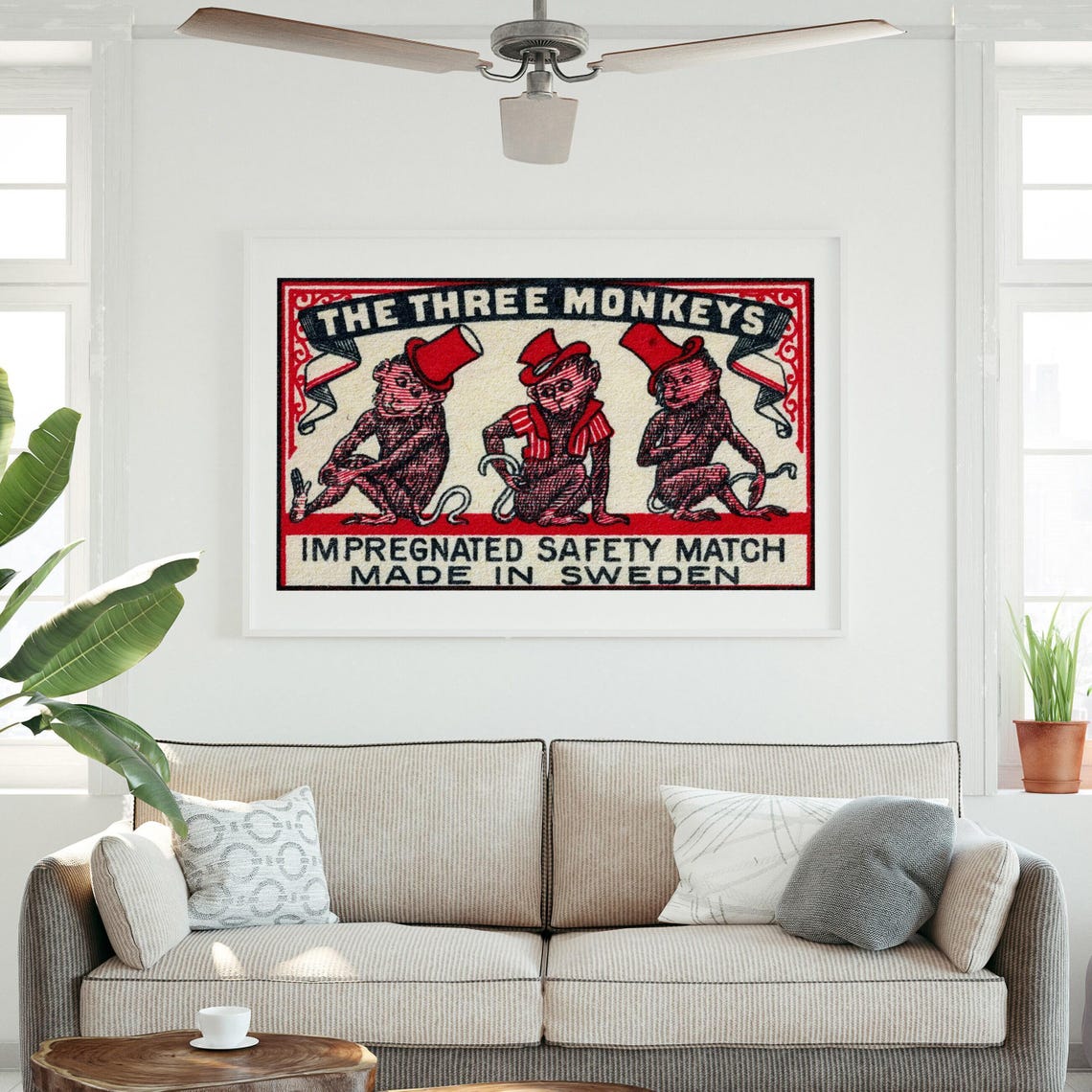 The Three Monkeys Top Hats Vintage Swedish Matchbox Label Art Poster - Image 3