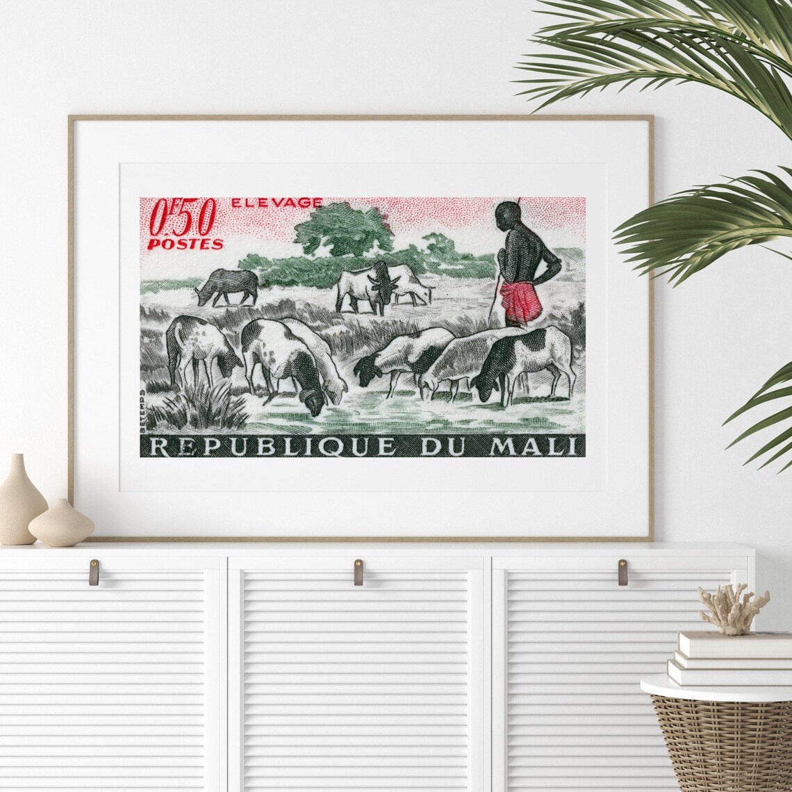 Mali Elevage Herdsman With Cattle Vintage French Stamp Art Poster - Image 2