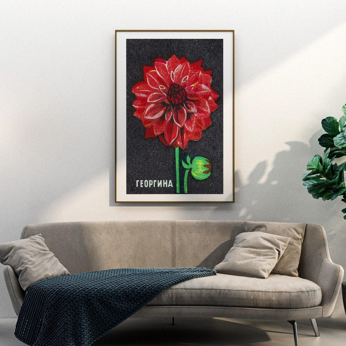 Red Dahlia Flower on Black Vintage Soviet Matchbox Botanical Poster - Image 3