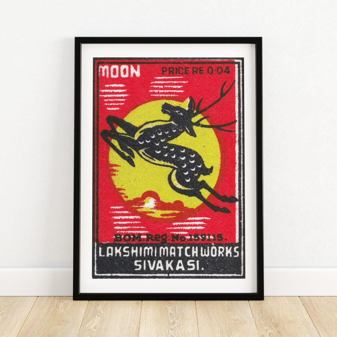 Moon Leaping Deer Vintage Indian Matchbox Label Wildlife Poster