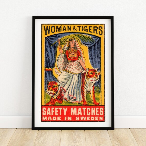 Woman And Two Tigers Swedish Safety Matches Label Indian Lady Bold Art Poster