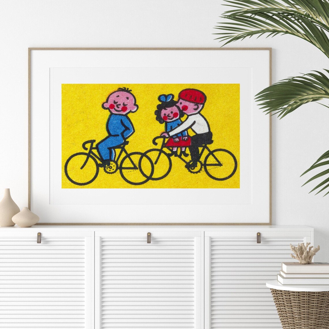 Kids Cycling Cartoon Trio Yellow Vintage Matchbox Art Poster - Image 2