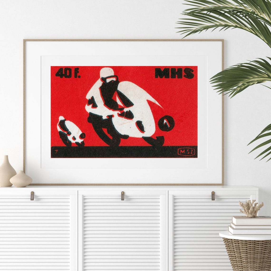 Motorcycle Racers Red Vintage Hungarian Matchbox Label Art Poster - Image 2