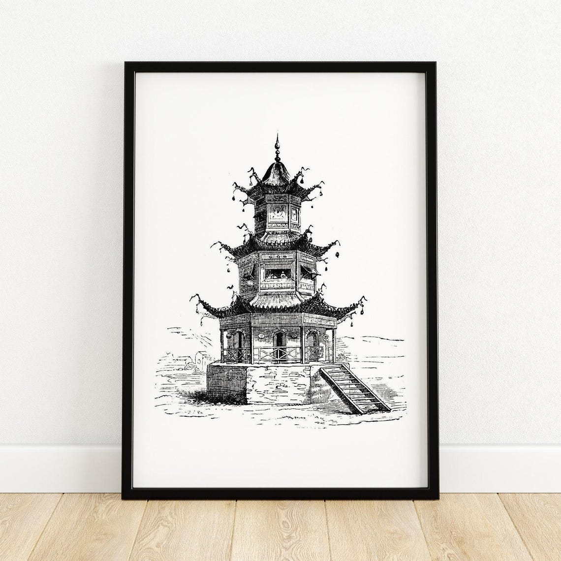 Three Tiered Pagoda Temple Black White Engraving Architecture Poster