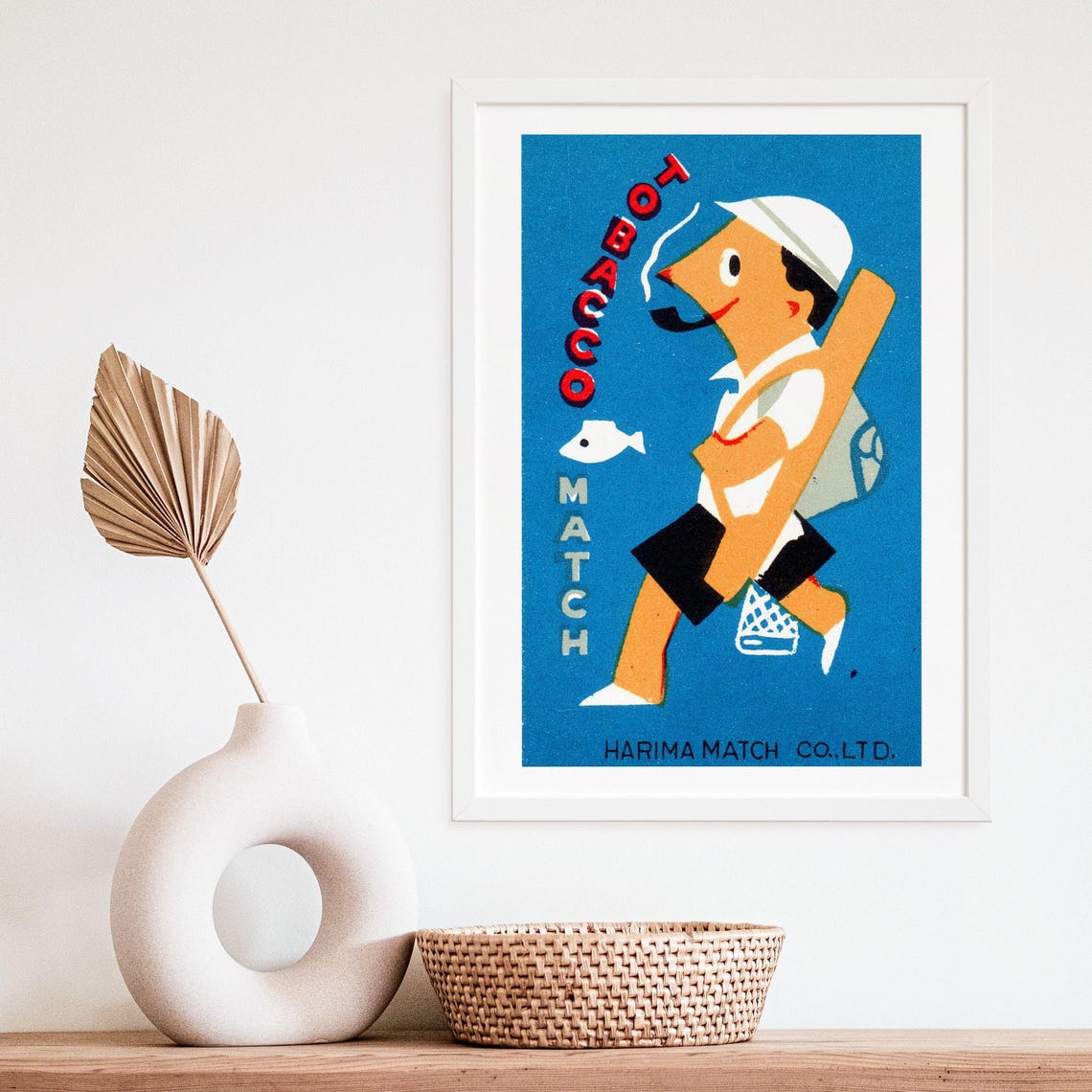 Fisherman Smoking Tobacco Match Harima Japanese Matchbox Poster Art - Image 4