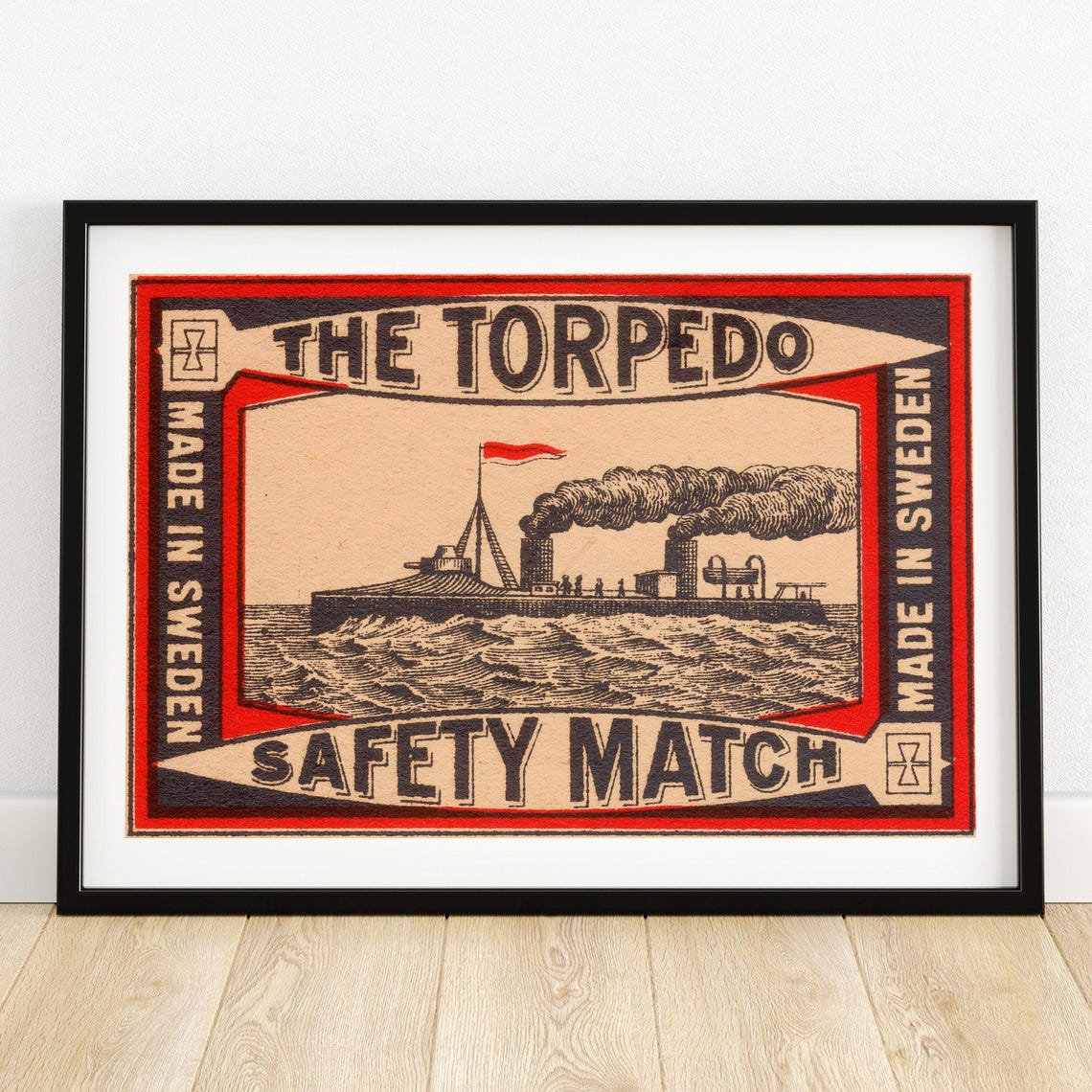 The Torpedo Safety Match Vintage Swedish Warship Matchbox Label Poster