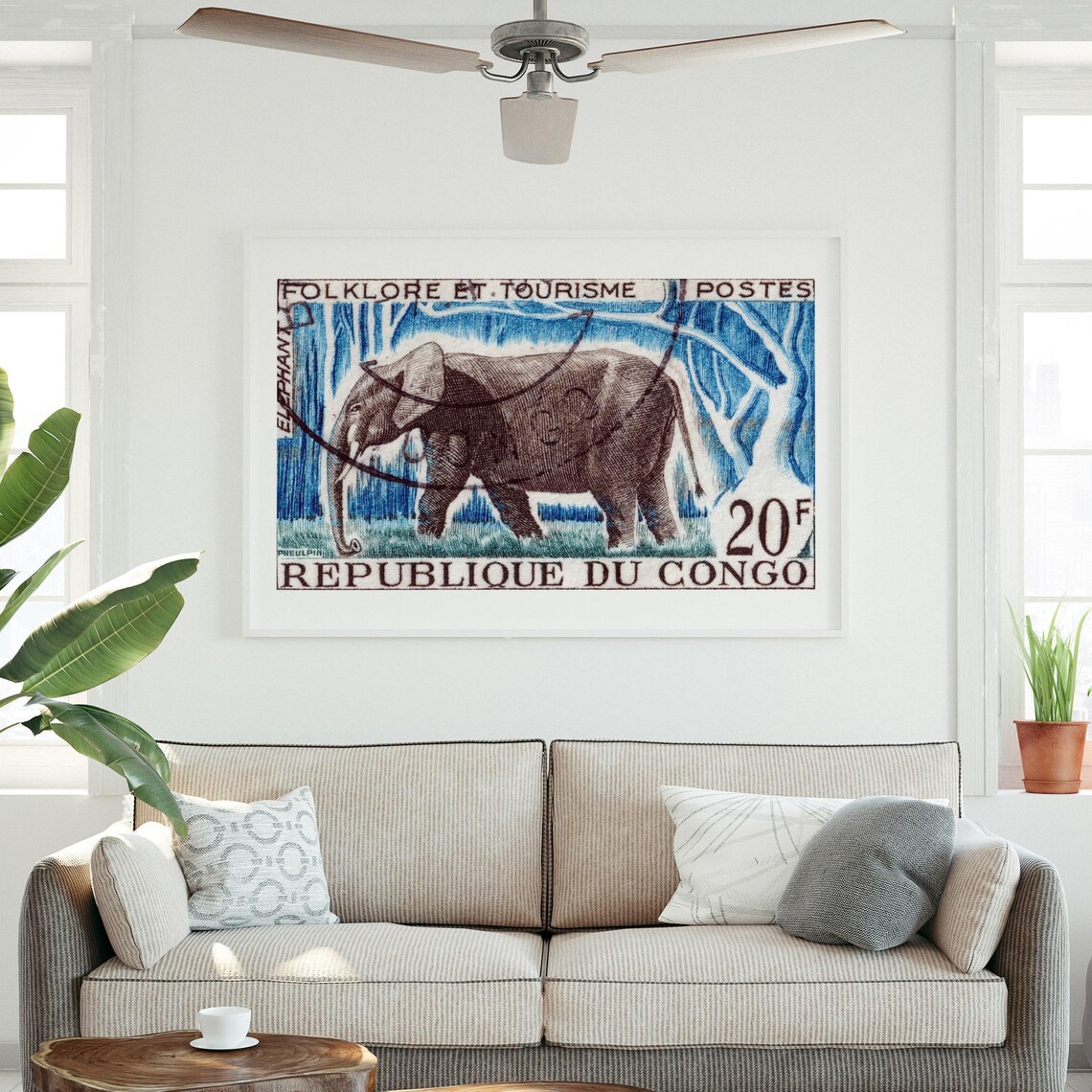 Bull Elephant Vintage Congo Postage Stamp Art Print - Image 3