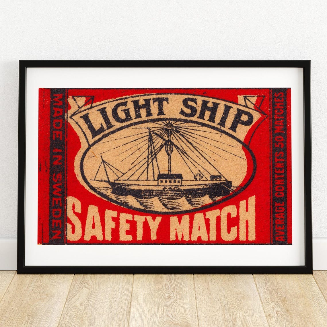Light Ship Safety Match Swedish Red Vintage Matchbox Label Art Poster