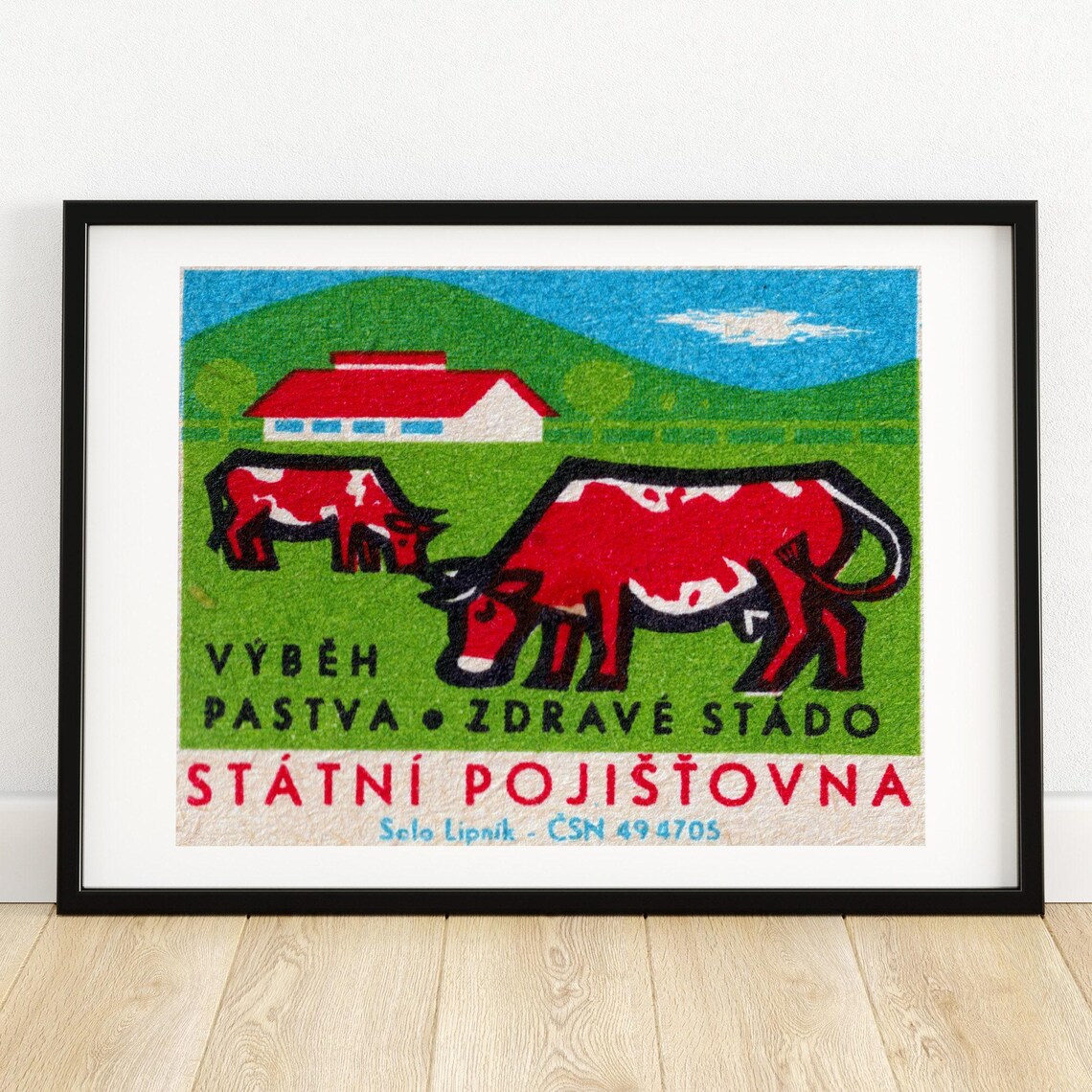 Statni Pojistovna Czech Red Cows Farm Vintage Insurance Ad Poster