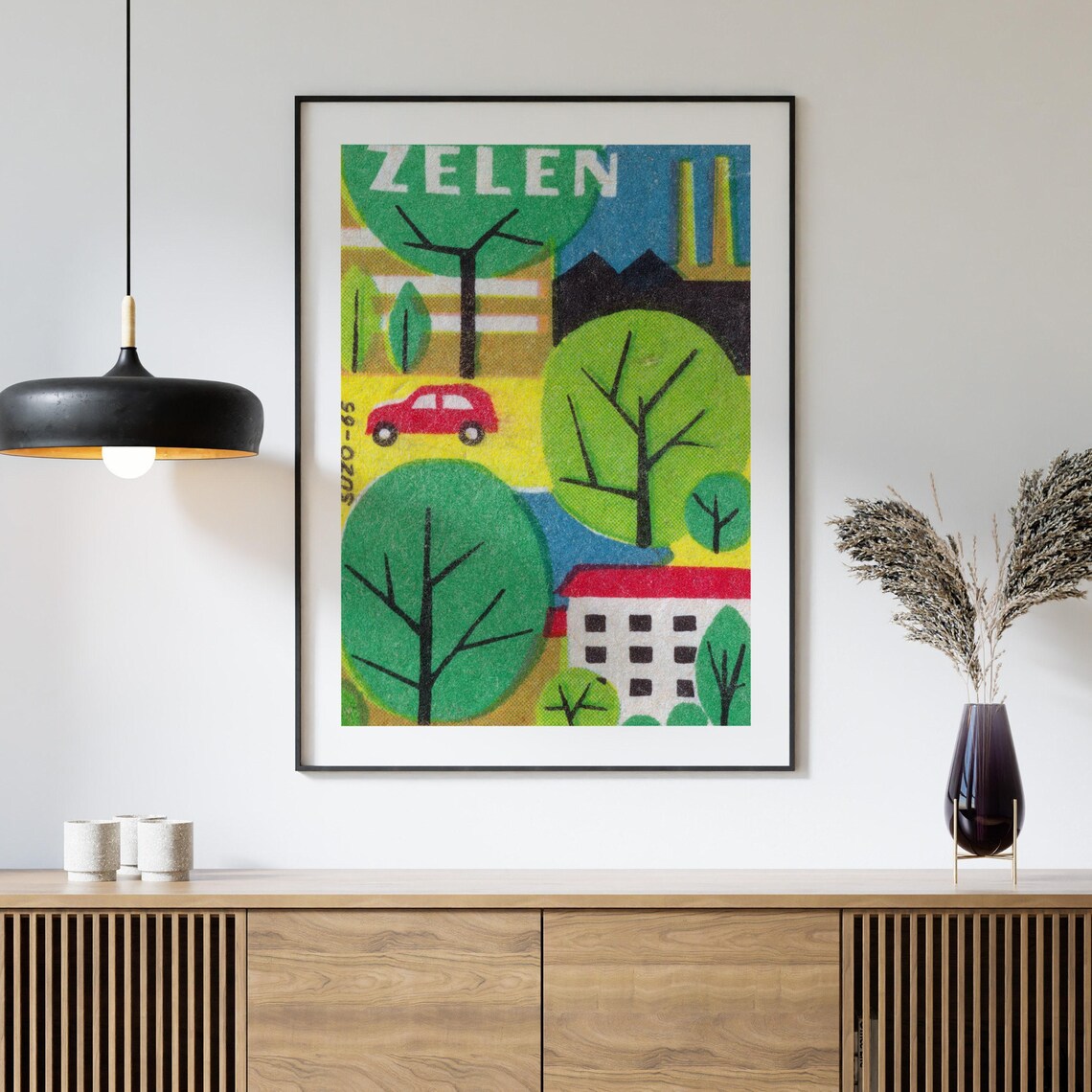 Zelen Czech Vintage Trees Car Houses Retro Folk Landscape Art Poster - Image 4