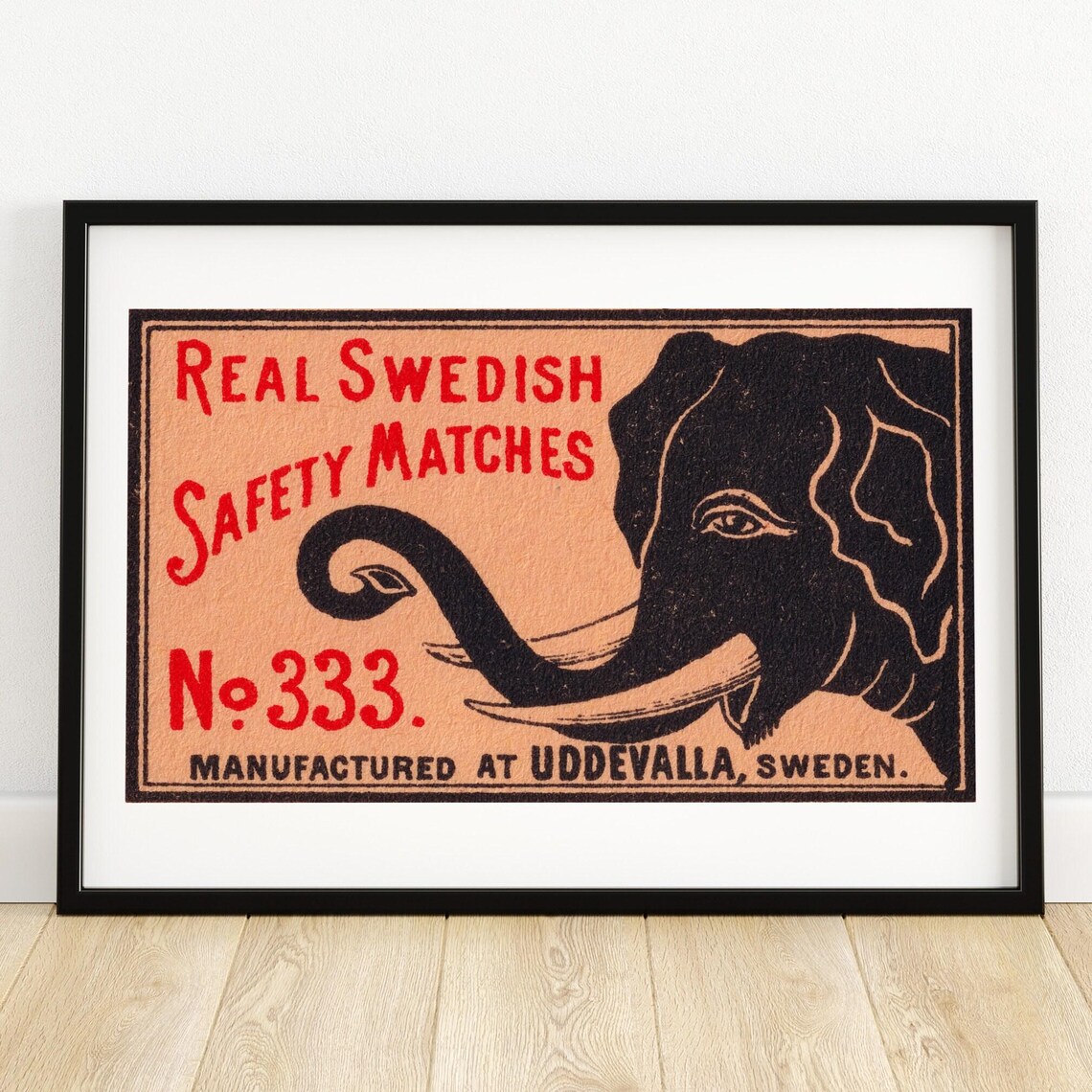 Black Elephant Matchbox Print, Vintage Sweden Poster