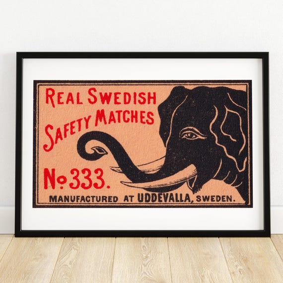 Black Elephant Matchbox Print, Vintage Sweden Poster